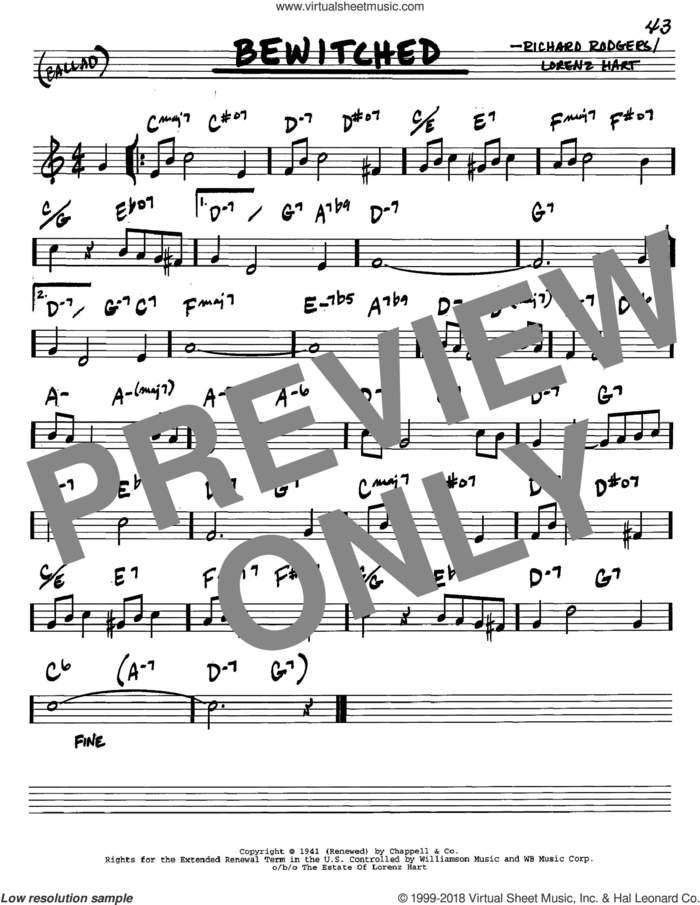 Bewitched sheet music for voice and other instruments (in C) by Rodgers & Hart, Lorenz Hart and Richard Rodgers, intermediate skill level