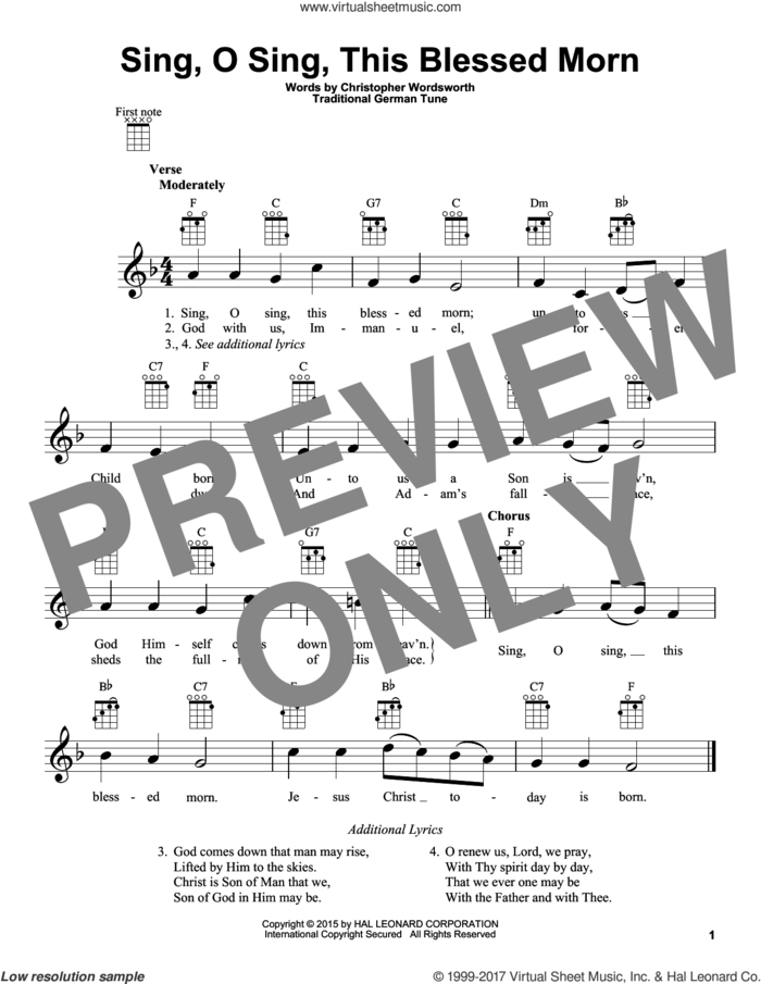 Sing, O Sing, This Blessed Morn sheet music for ukulele by Christopher Wordsworth and Miscellaneous, intermediate skill level