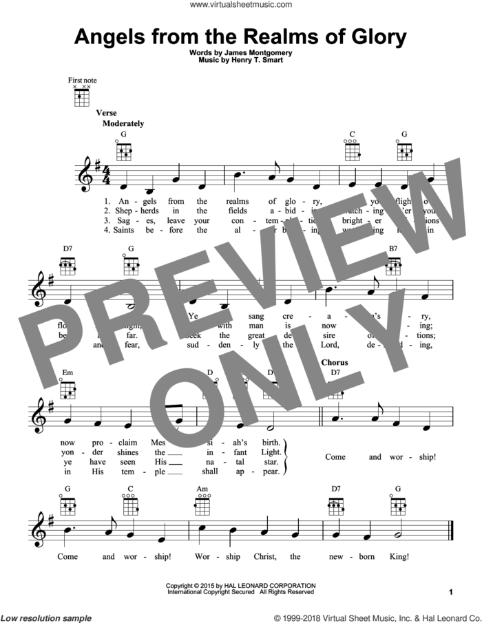Angels From The Realms Of Glory sheet music for ukulele by Henry T. Smart and James Montgomery, intermediate skill level