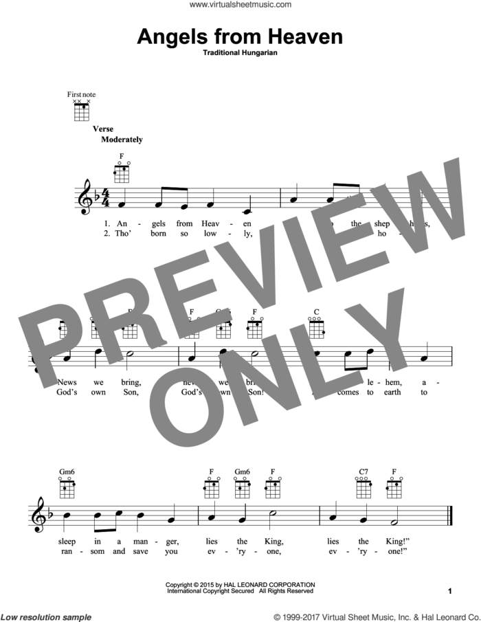 Angels From Heaven sheet music for ukulele by Traditional Hungarian, intermediate skill level