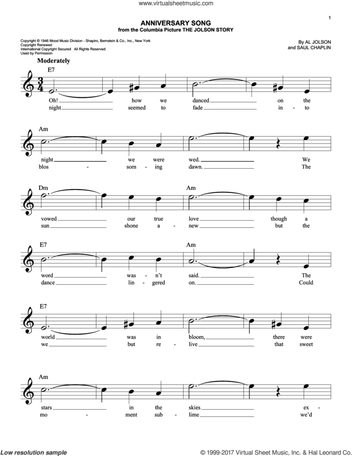 Anniversary Song sheet music for voice and other instruments (fake book) by Al Jolson and Saul Chaplin, easy skill level
