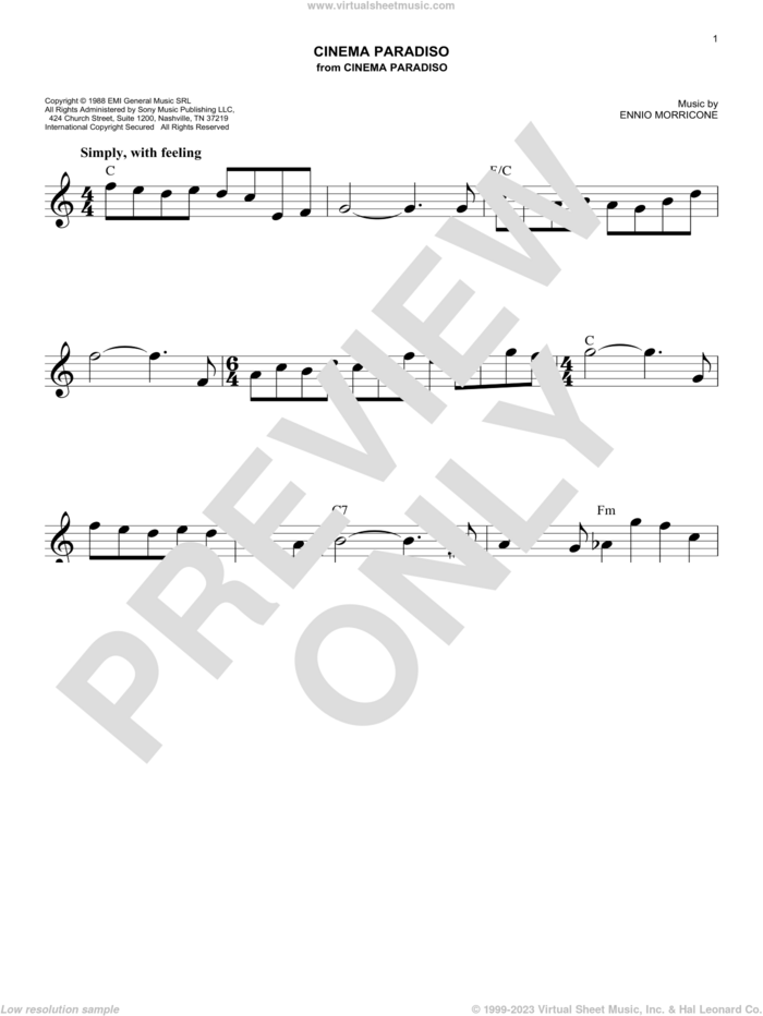 Cinema Paradiso sheet music for voice and other instruments (fake book) by Ennio Morricone and Andrea Morricone, easy skill level