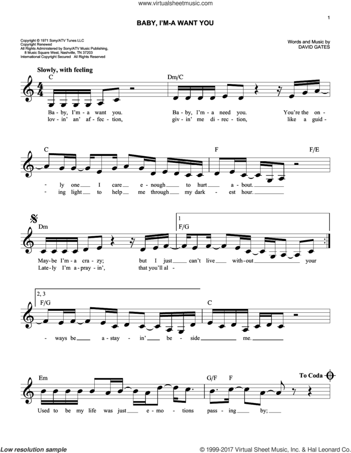 Baby, I'm-A Want You sheet music for voice and other instruments (fake book) by Bread and David Gates, easy skill level