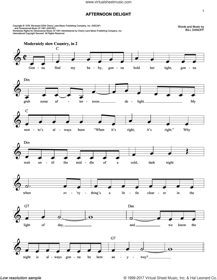 Afternoon Delight sheet music for voice and other instruments (fake book) by Starland Vocal Band and Bill Danoff, intermediate skill level
