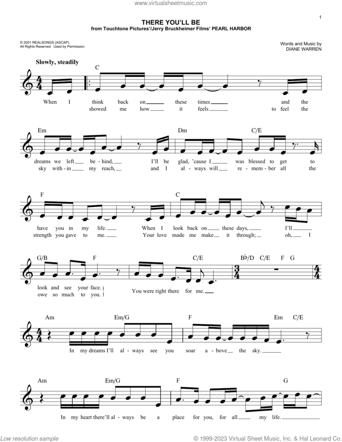 There You'll Be sheet music for voice and other instruments (fake book) by Faith Hill and Diane Warren, easy skill level