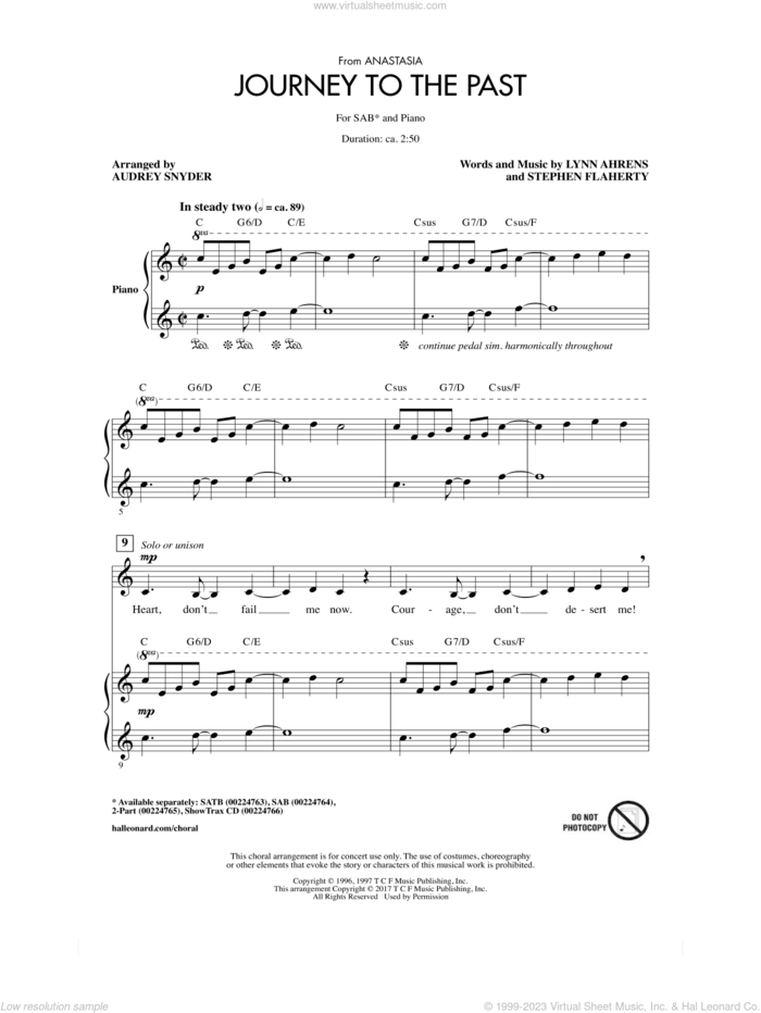 Journey To The Past sheet music for choir (SAB: soprano, alto, bass) by Stephen Flaherty, Audrey Snyder and Lynn Ahrens, intermediate skill level
