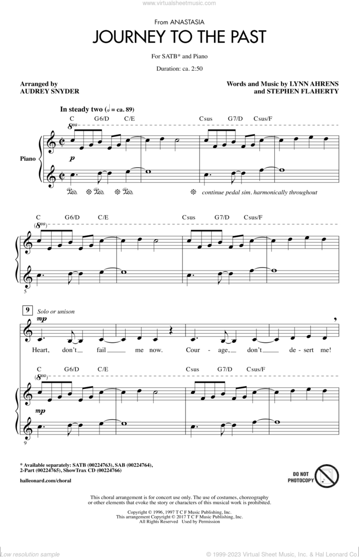Journey To The Past (from Anastasia) (arr. Audrey Snyder) sheet music for choir (SATB: soprano, alto, tenor, bass) by Stephen Flaherty, Audrey Snyder and Lynn Ahrens, intermediate skill level
