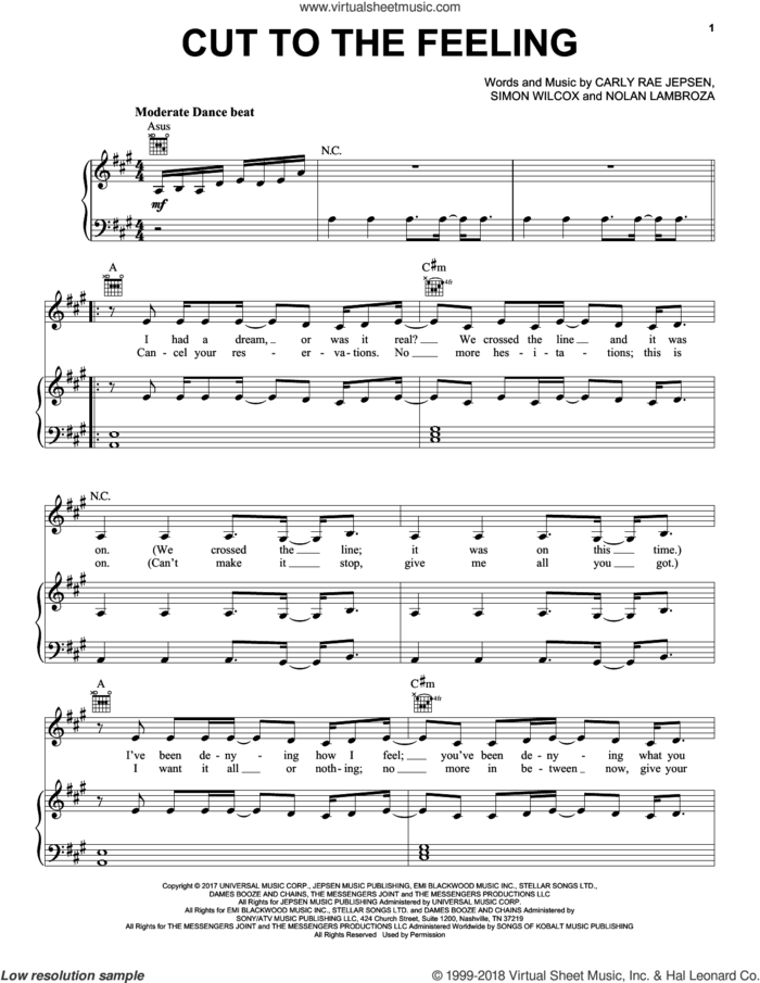 Cut To The Feeling sheet music for voice, piano or guitar by Carly Rae Jepsen, Nolan Lambroza and Simon Wilcox, intermediate skill level