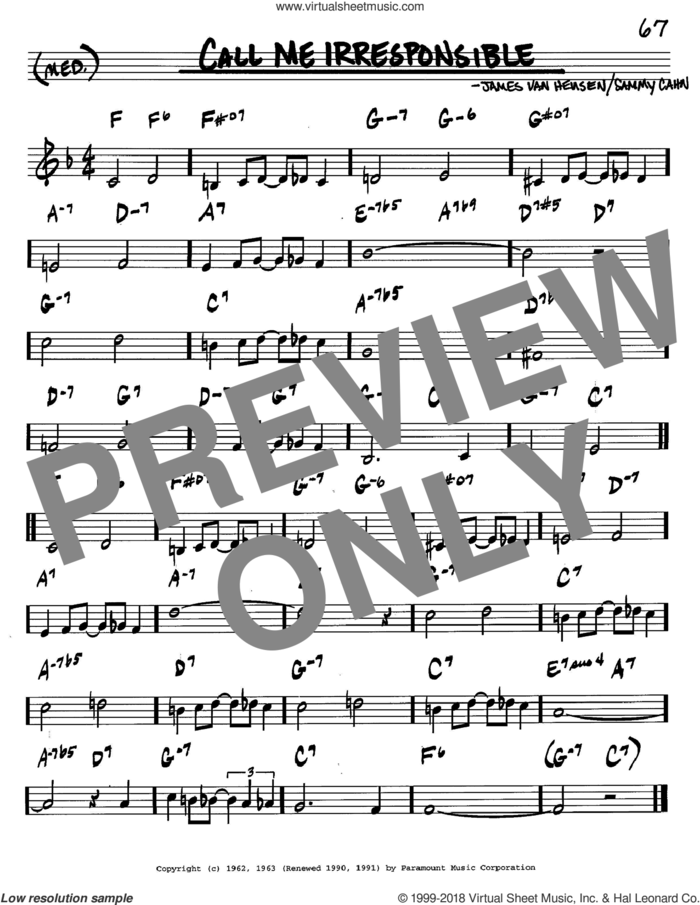 Call Me Irresponsible sheet music for voice and other instruments (in C) by Frank Sinatra, Dinah Washington, Jack Jones, Jimmy van Heusen and Sammy Cahn, intermediate skill level