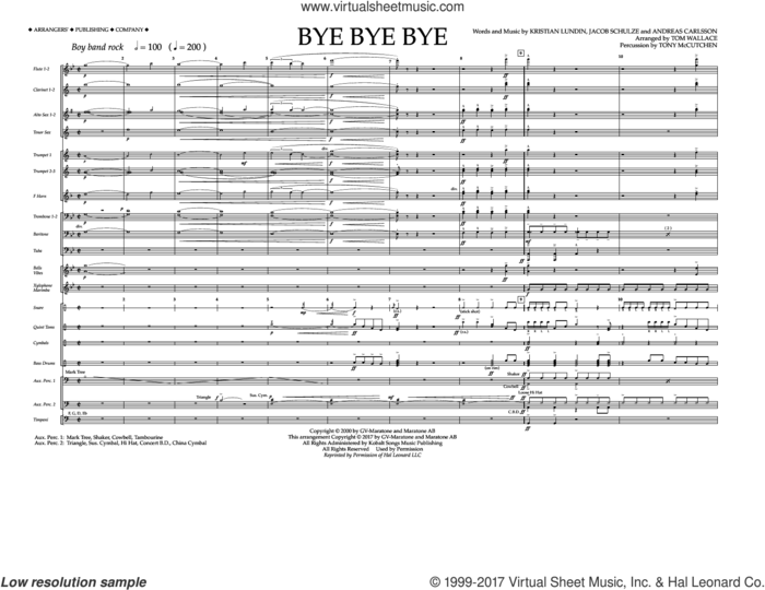 Bye Bye Bye (arr. Tom Wallace) sheet music for marching band (full score) by Andreas Carlsson, Tom Wallace, N Sync, Jake Carlsson and Kristian Lundin, intermediate skill level