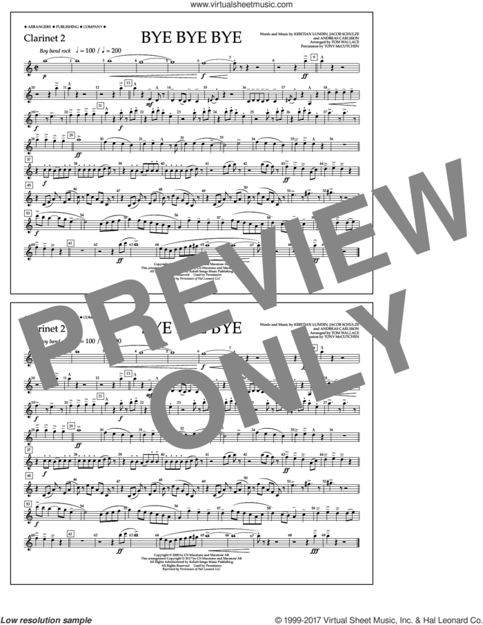 Bye Bye Bye (arr. Tom Wallace) sheet music for marching band (clarinet 2) by Andreas Carlsson, Tom Wallace, N Sync, Jake Carlsson and Kristian Lundin, intermediate skill level