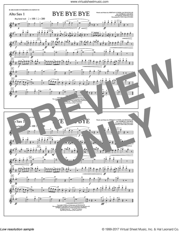 Bye Bye Bye (arr. Tom Wallace) sheet music for marching band (alto sax 1) by 'N Sync, Tom Wallace, N Sync, Andreas Carlsson, Jake Carlsson and Kristian Lundin, intermediate skill level