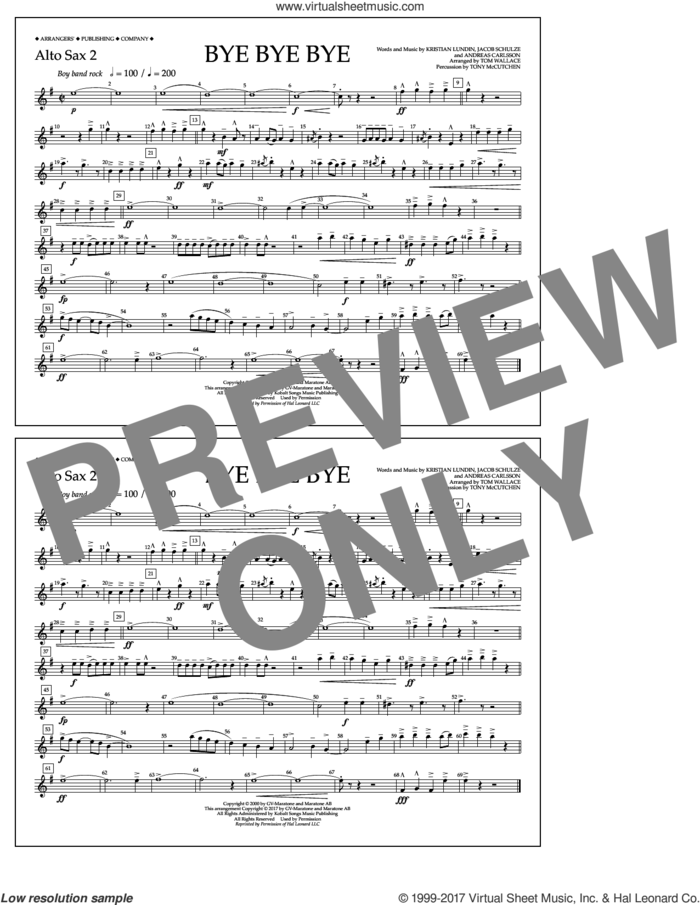 Bye Bye Bye (arr. Tom Wallace) sheet music for marching band (alto sax 2) by Andreas Carlsson, Tom Wallace, N Sync, Jake Carlsson and Kristian Lundin, intermediate skill level