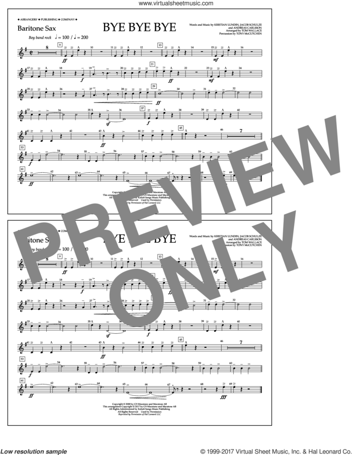 Bye Bye Bye (arr. Tom Wallace) sheet music for marching band (baritone sax) by Andreas Carlsson, Tom Wallace, N Sync, Jake Carlsson and Kristian Lundin, intermediate skill level