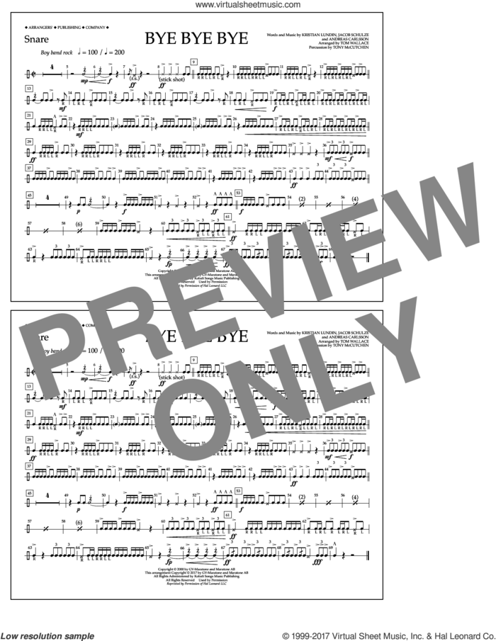 Bye Bye Bye (arr. Tom Wallace) sheet music for marching band (snare) by Andreas Carlsson, Tom Wallace, N Sync, Jake Carlsson and Kristian Lundin, intermediate skill level
