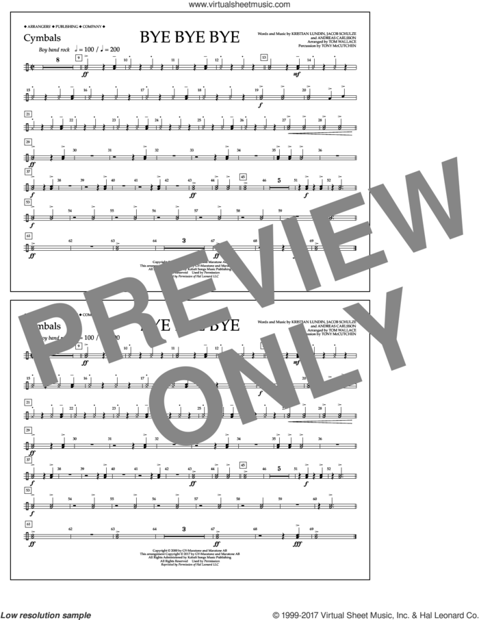 Bye Bye Bye (arr. Tom Wallace) sheet music for marching band (cymbals) by Andreas Carlsson, Tom Wallace, N Sync, Jake Carlsson and Kristian Lundin, intermediate skill level