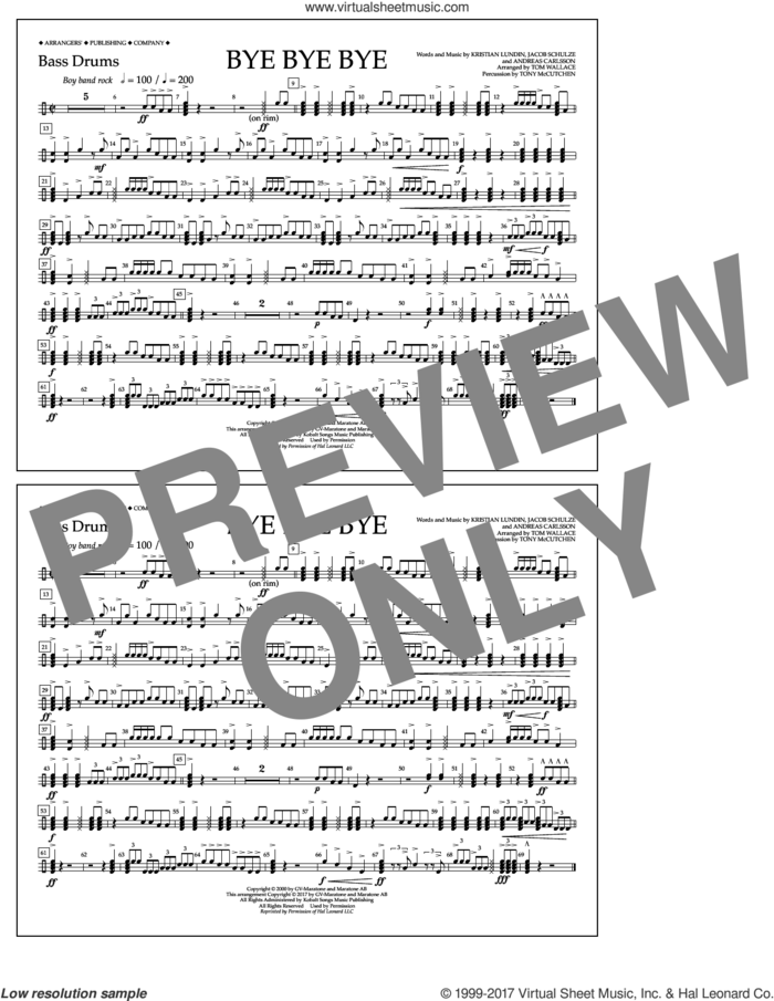 Bye Bye Bye (arr. Tom Wallace) sheet music for marching band (bass drums) by Andreas Carlsson, Tom Wallace, N Sync, Jake Carlsson and Kristian Lundin, intermediate skill level