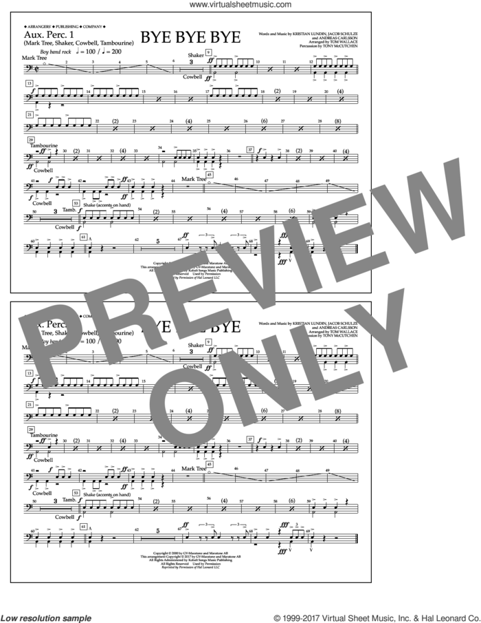 Bye Bye Bye (arr. Tom Wallace) sheet music for marching band (aux. perc. 1) by Andreas Carlsson, Tom Wallace, N Sync, Jake Carlsson and Kristian Lundin, intermediate skill level