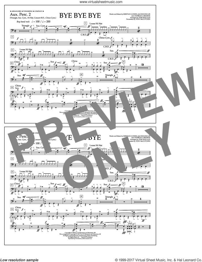 Bye Bye Bye (arr. Tom Wallace) sheet music for marching band (aux. perc. 2) by Andreas Carlsson, Tom Wallace, N Sync, Jake Carlsson and Kristian Lundin, intermediate skill level