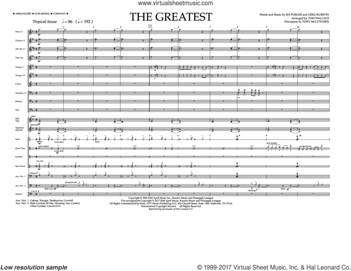 The Greatest (COMPLETE) sheet music for marching band by Greg Kurstin, Sia, Sia Furler and Tom Wallace, intermediate skill level