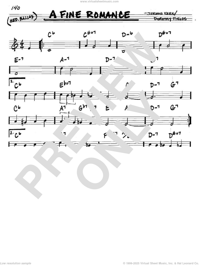 A Fine Romance sheet music for voice and other instruments (in C) by Jerome Kern and Dorothy Fields, intermediate skill level