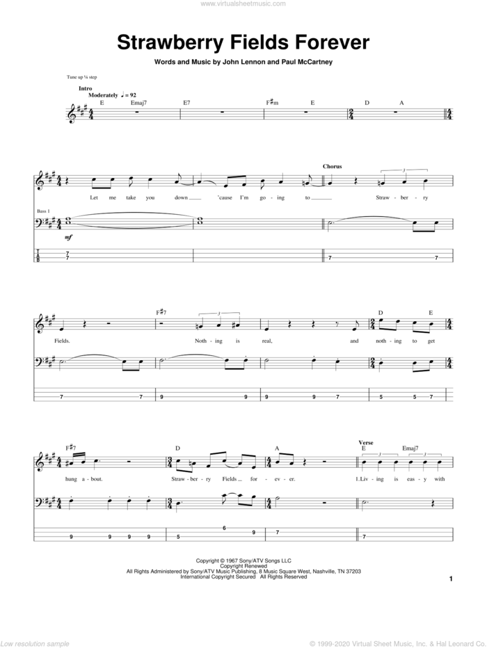 Strawberry Fields Forever sheet music for bass (tablature) (bass guitar) by The Beatles, John Lennon and Paul McCartney, intermediate skill level