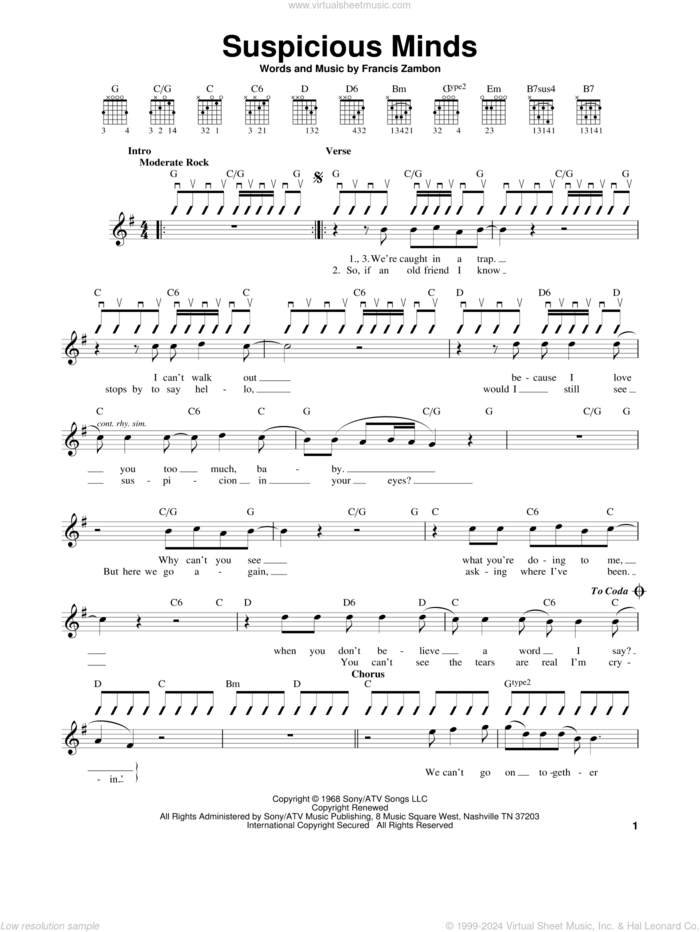 Suspicious Minds sheet music for guitar solo (chords) by Elvis Presley and Francis Zambon, easy guitar (chords)