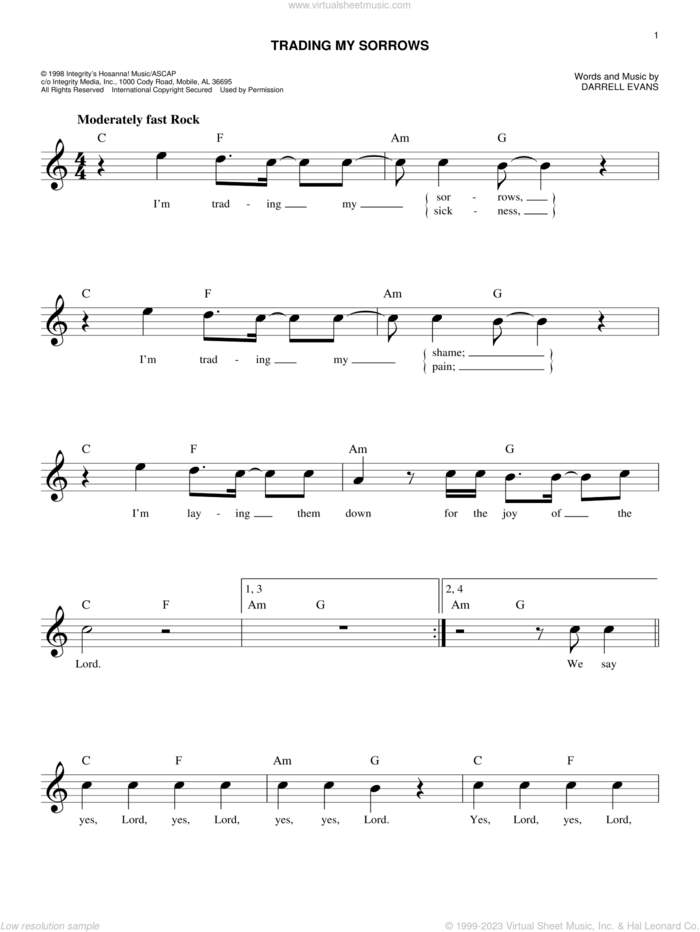 Trading My Sorrows sheet music for voice and other instruments (fake book) by Darrell Evans, easy skill level