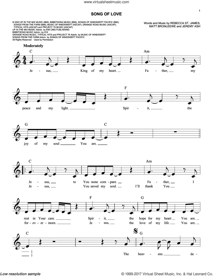 Song Of Love sheet music for voice and other instruments (fake book) by Rebecca St. James, Jeremy Ash and Matt Bronleewe, easy skill level