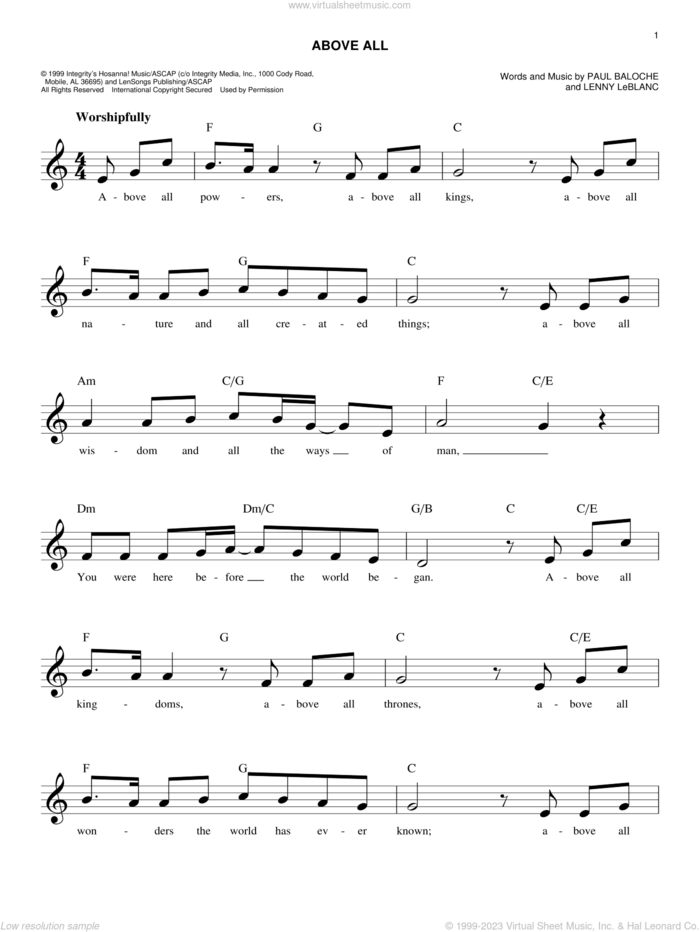 Above All sheet music for voice and other instruments (fake book) by Rebecca St. James, Lenny LeBlanc and Paul Baloche, intermediate skill level