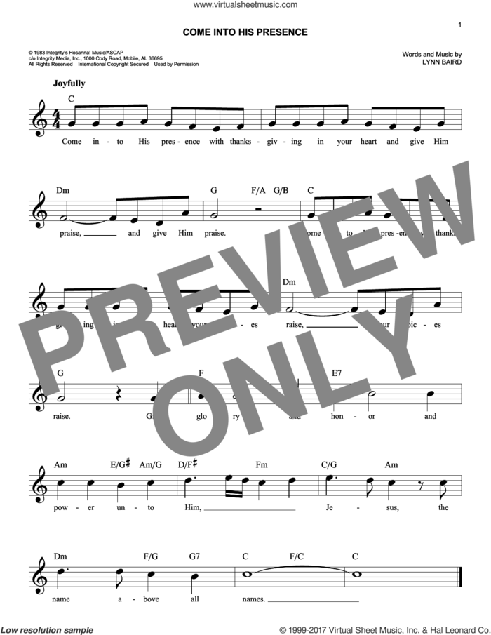 Come Into His Presence sheet music for voice and other instruments (fake book) by Lynn Baird, easy skill level