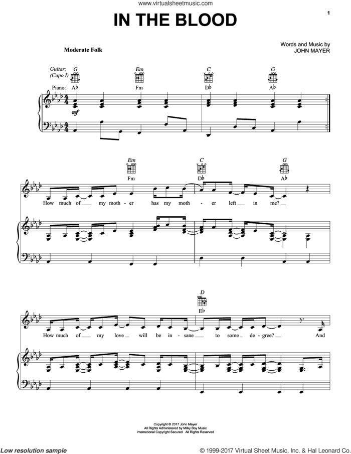 In The Blood sheet music for voice, piano or guitar by John Mayer, intermediate skill level