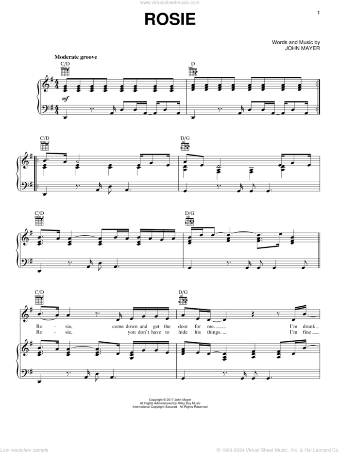 Rosie sheet music for voice, piano or guitar by John Mayer, intermediate skill level