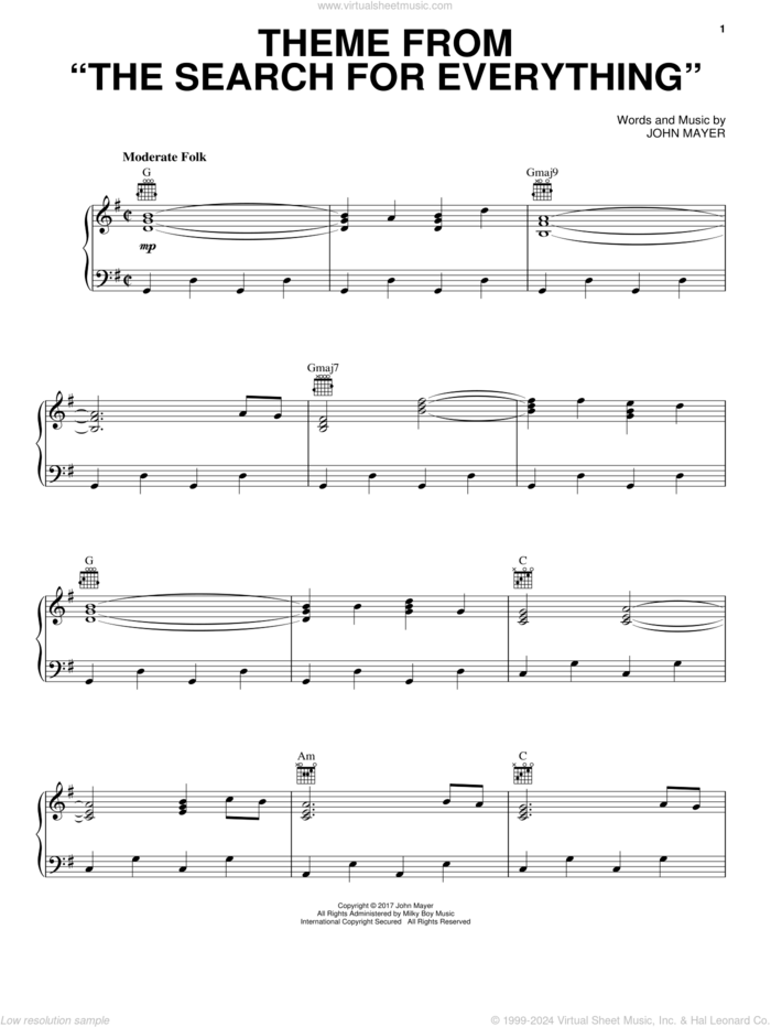Theme From The Search For Everything sheet music for voice, piano or guitar by John Mayer, intermediate skill level