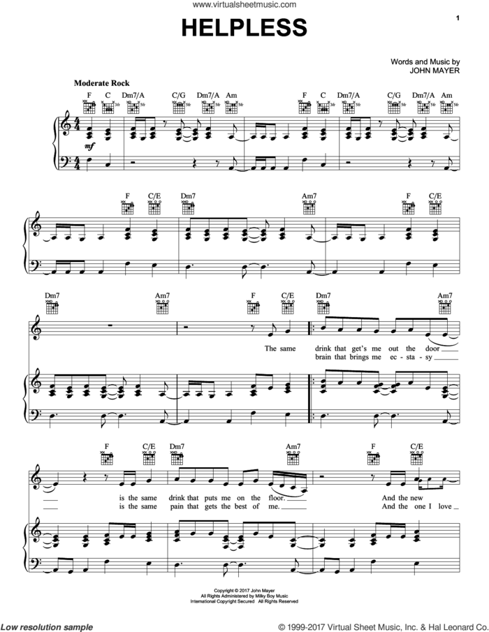 Helpless sheet music for voice, piano or guitar by John Mayer, intermediate skill level