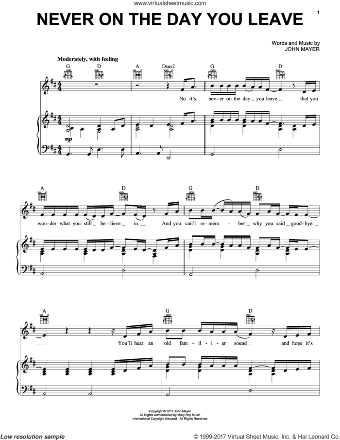Never On The Day You Leave sheet music for voice, piano or guitar by John Mayer, intermediate skill level