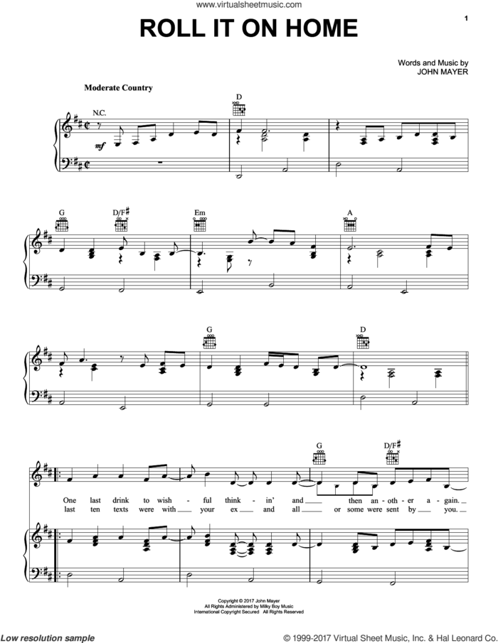 Roll It On Home sheet music for voice, piano or guitar by John Mayer, intermediate skill level
