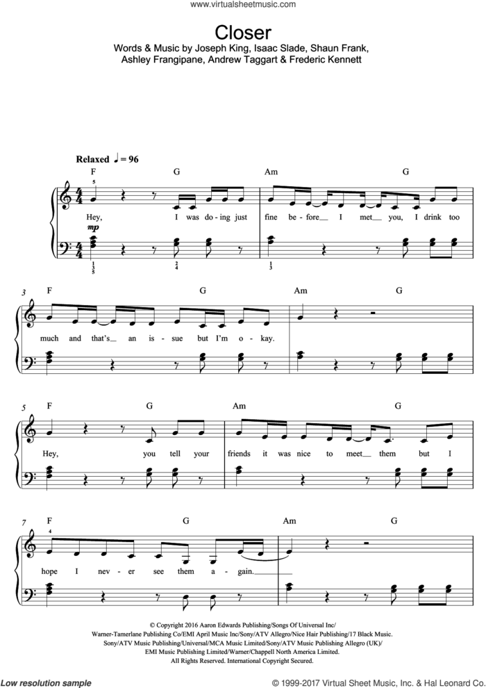 Closer (featuring Halsey) sheet music for piano solo (beginners) by The Chainsmokers, Halsey, Andrew Taggart, Ashley Frangipane, Frederic Kennett, Isaac Slade, Joseph King and Shaun Frank, beginner piano (beginners)