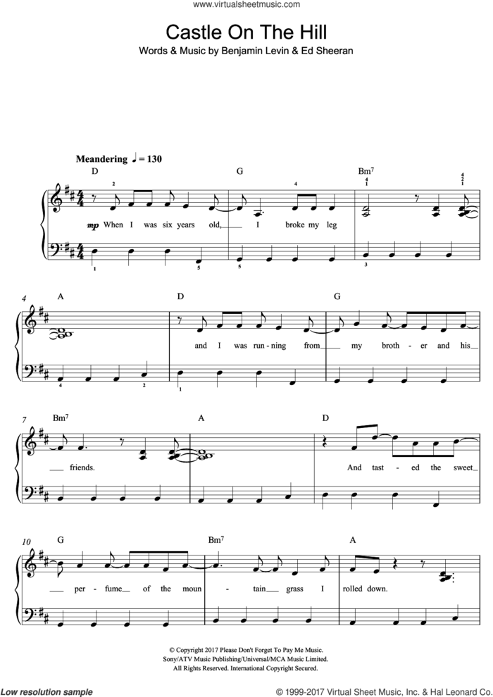 Castle On The Hill sheet music for piano solo (beginners) by Ed Sheeran and Benjamin Levin, beginner piano (beginners)