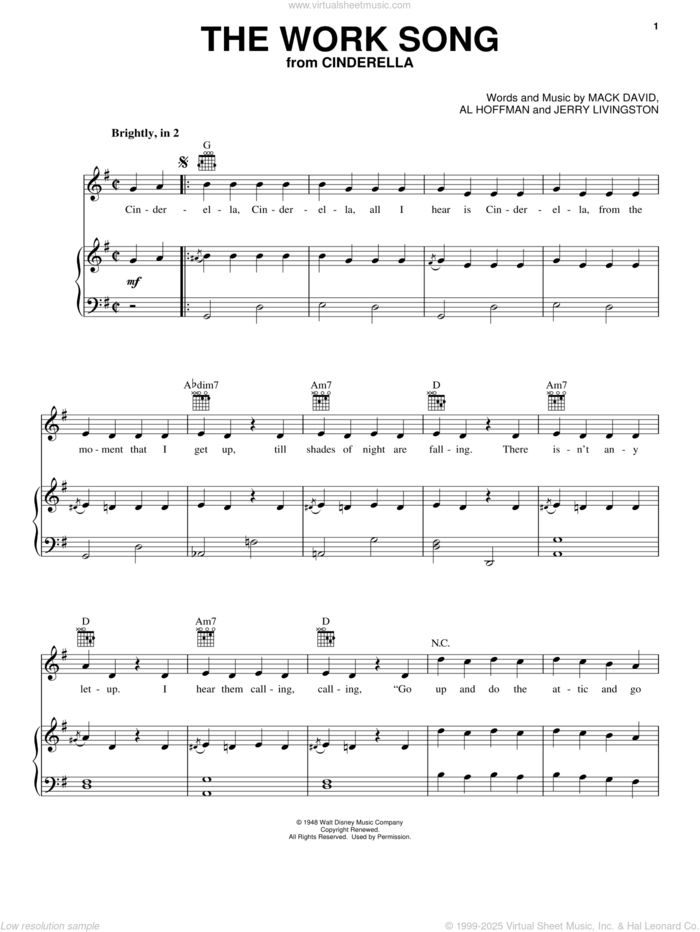 The Work Song (from Disney's Cinderella) sheet music for voice, piano or guitar by Jerry Livingston, Al Hoffman and Mack David, intermediate skill level