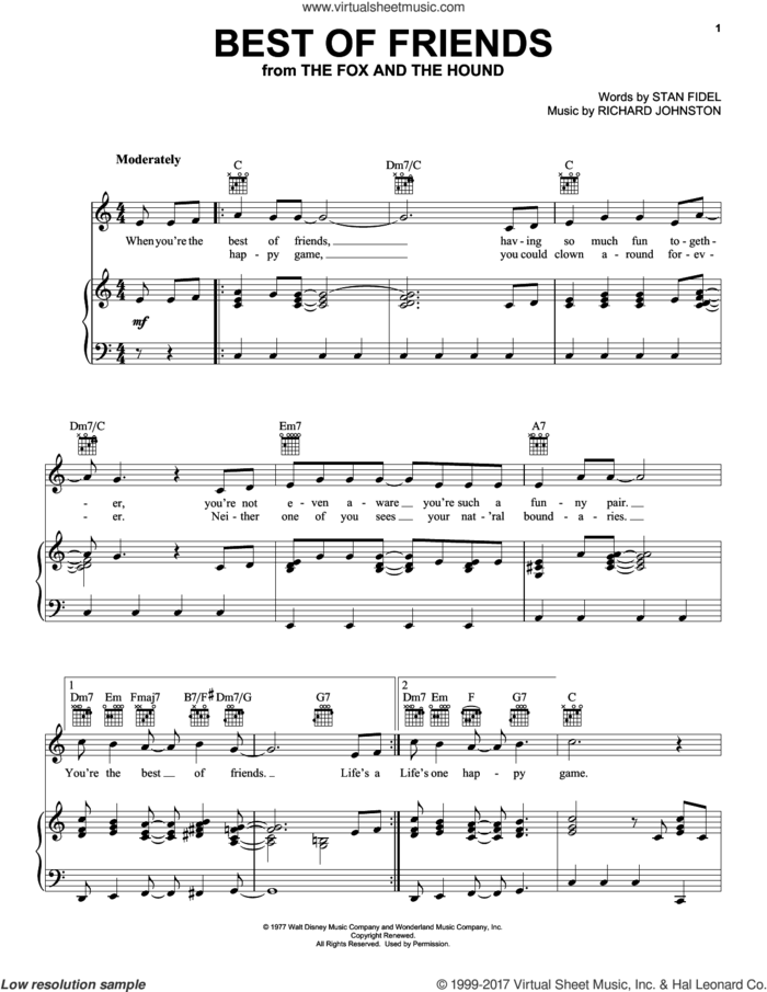 Best Of Friends (from The Fox And The Hound) sheet music for voice, piano or guitar by Stan Fidel, Pearl Bailey and Richard Johnston, intermediate skill level