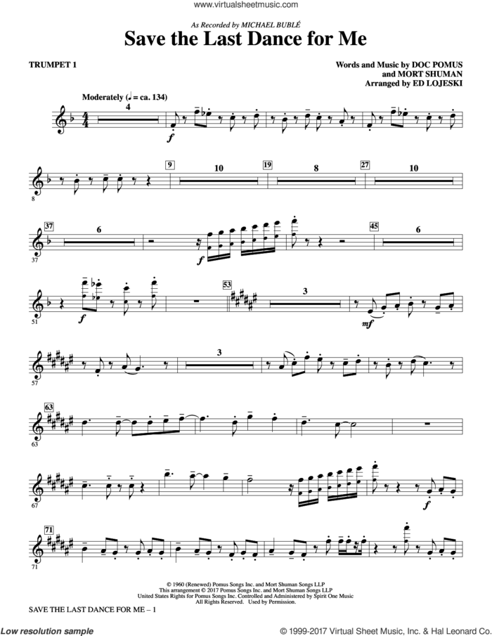Save the Last Dance for Me (arr. Ed Lojeski) (complete set of parts) sheet music for orchestra/band by Ed Lojeski, Emmylou Harris, Doc Pomus, Michael Buble, Mort Shuman and The Drifters, intermediate skill level