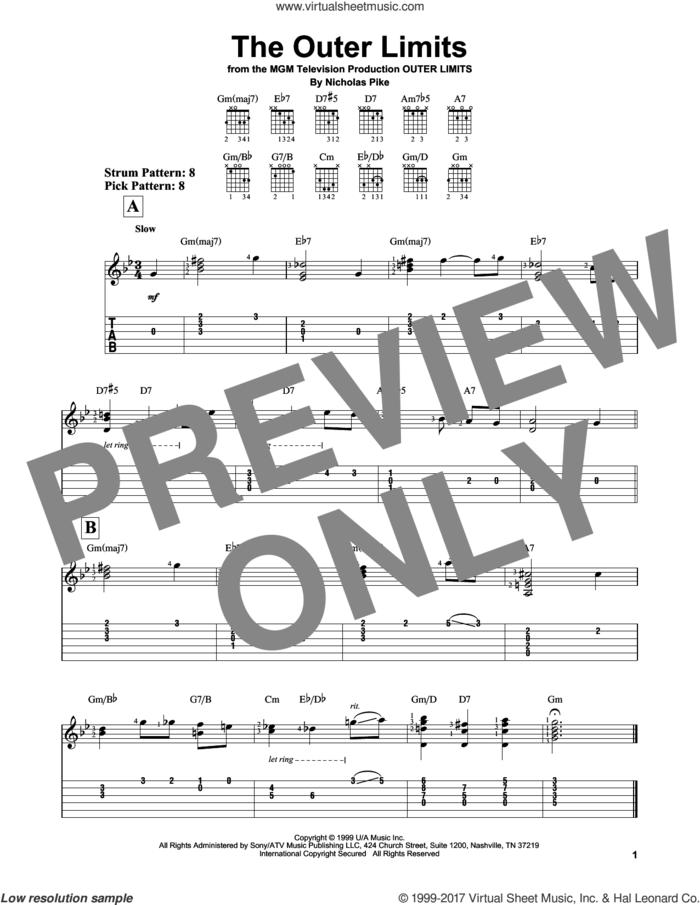 Outer Limits sheet music for guitar solo (easy tablature) by Nicholas Pike, easy guitar (easy tablature)