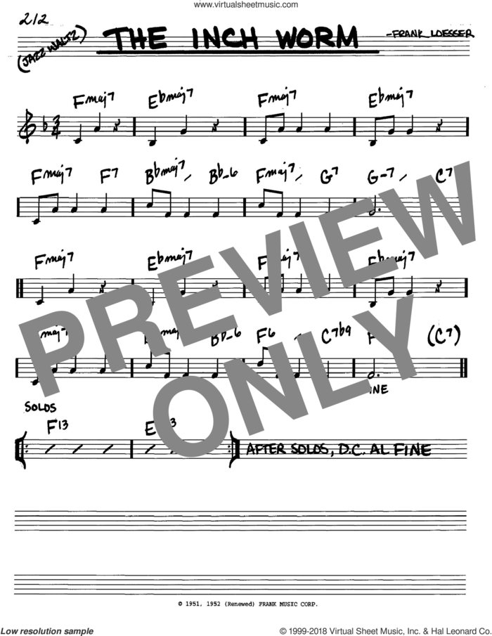 The Inch Worm sheet music for voice and other instruments (in C) by Frank Loesser, intermediate skill level