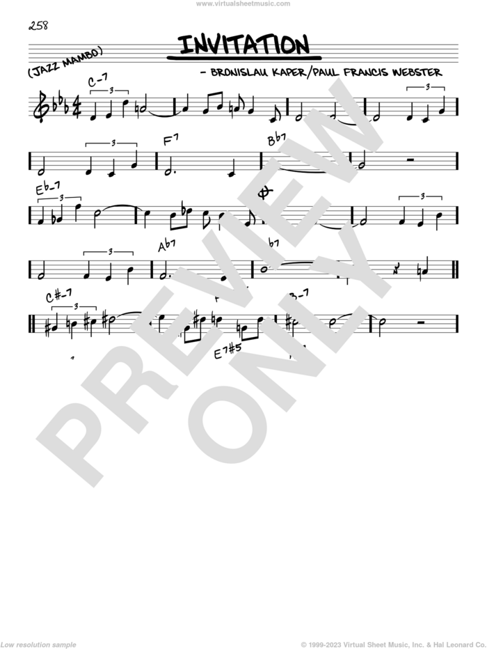 Invitation sheet music for voice and other instruments (in C) by Paul Francis Webster and Bronislau Kaper, intermediate skill level