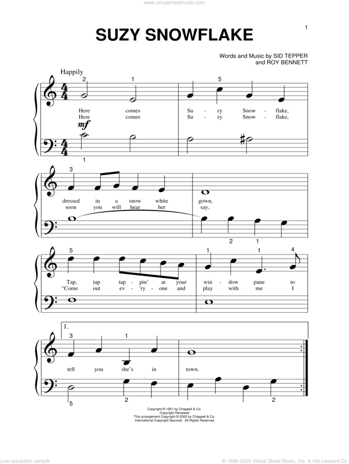 Suzy Snowflake, (beginner) sheet music for piano solo by Rosemary Clooney, Roy Bennett and Sid Tepper, beginner skill level