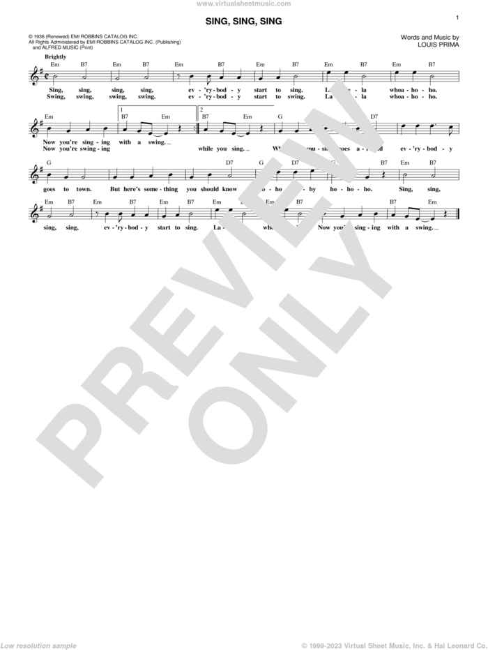 Sing, Sing, Sing sheet music for voice and other instruments (fake book) by Benny Goodman and Louis Prima, intermediate skill level