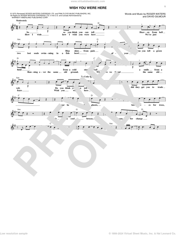 Wish You Were Here sheet music for voice and other instruments (fake book) by Pink Floyd, David Gilmour and Roger Waters, intermediate skill level