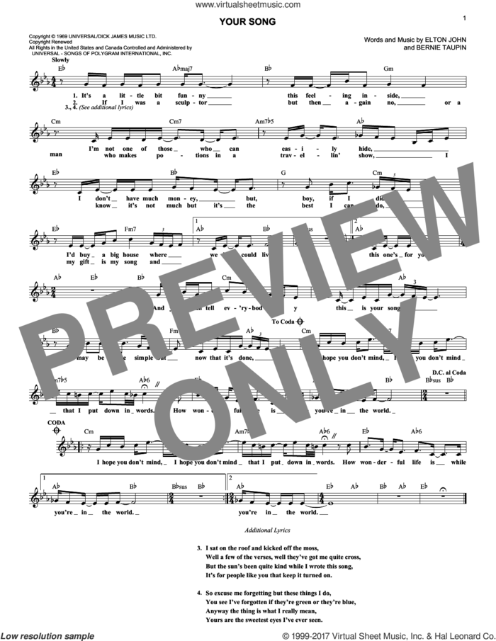 Your Song sheet music for voice and other instruments (fake book) by Elton John, Rod Stewart and Bernie Taupin, intermediate skill level