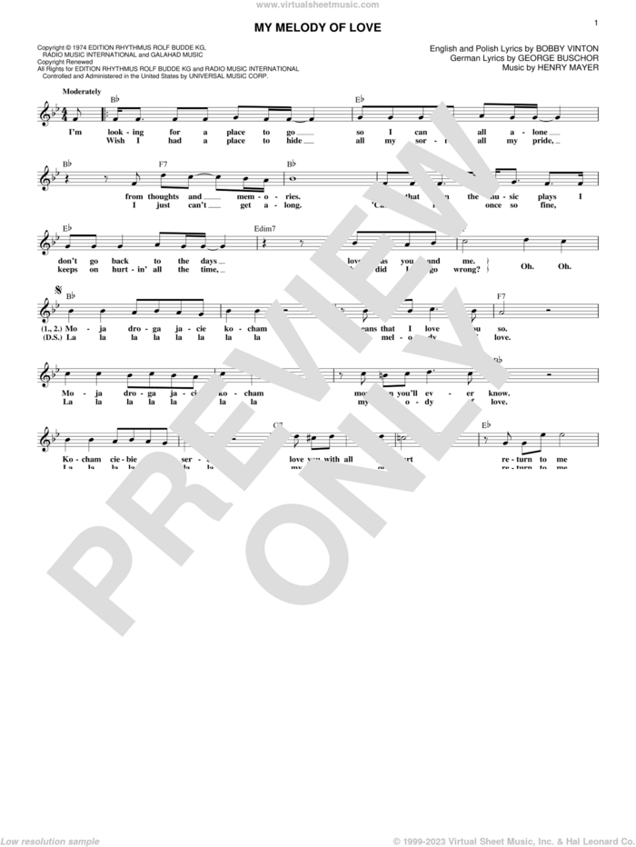 My Melody Of Love sheet music for voice and other instruments (fake book) by Bobby Vinton, George Buschor and Henry Mayer, intermediate skill level